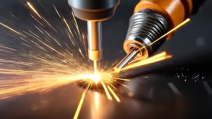 Poster - Industrial Laser Cutting Precision Metal Component with Bright Sparks on Dark Background