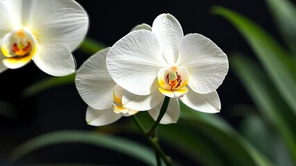 Poster - Elegant White Orchids Displaying Yellow and Red Centers and Green Leaves in Dark Background