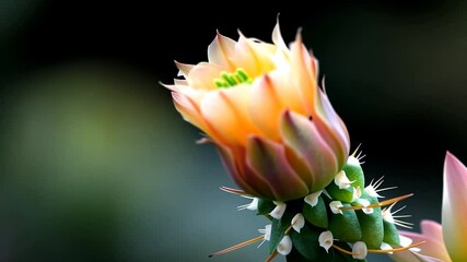 Poster - Orange Cactus Flower Blossom Revealing Intricate Details Against Green Background
