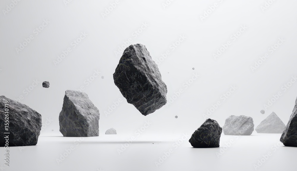 Minimalist Light Rocks Dark and light grey rocks of varying sizes levitate against a stark ...