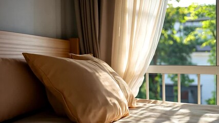 Poster - Bedroom Interior with Sunlit Bed Pillows and Sheer Curtains Creating a Relaxing Ambiance