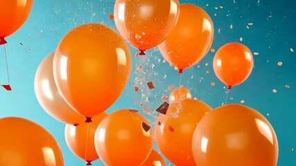 Aufkleber - Bursting Orange Balloons With Confetti Against Turquoise Background Celebrating Excitement And Celebration