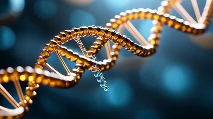 Poster - Golden DNA Helix Illustration Against Blue Bokeh Background for Science And Medical Visuals