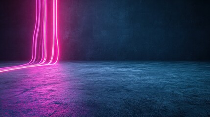 Fototapete - Three pink neon lines cascading onto a blue textured surface in a dark room with a gradient wall