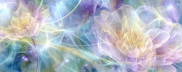 Poster - Abstract floral fractal art featuring translucent flowers in pastel colors and light streaks design