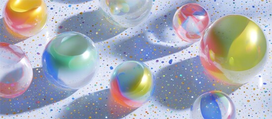 Fototapete - A close up shot of several iridescent marbles scattered on a white surface with colorful specks around them