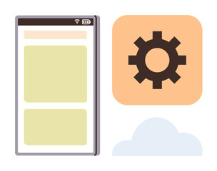 Poster - Smartphone interface design alongside a gear icon symbolizing settings and a cloud graphic. Ideal for technology, app design, cloud computing, development, user experience, software tools, simple