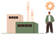 © robu_s - Factory building with chimneys beside a man in casual attire and a large gear overhead. Ideal for industry, manufacturing, teamwork, engineering, development, labor workforce, innovation. Simple flat