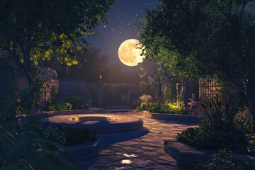 Wall Mural - Full moon casting light over a peaceful garden with soft shadows