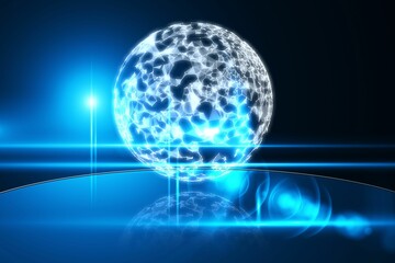 Poster - Glowing mesh sphere is floating above mirror surface in 3D render featuring lens flares and streaks