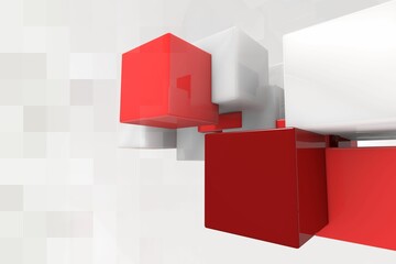 Poster - Red and white abstract 3D cubes are floating with reflective surfaces in grid backdrop, copy space