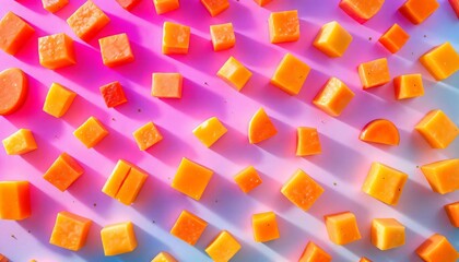 Fototapete - Vibrant Orange Cubes on Pink and Purple Gradient Background Food Photography Texture and Pattern