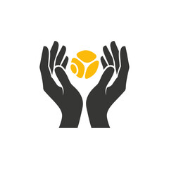 Poster - Illustration of two black hands holding a yellow abstract shape on a white background design art