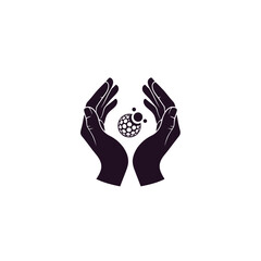 Poster - Black silhouette of two hands holding a patterned sphere with small circles on a white background art