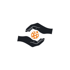 Poster - Two hands holding orange polka dot ball with child psychology text on a white background design