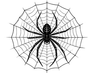Minimal Silhouette of Spider with Long Legs Centered in Geometric Web Pattern, Isolated on Transparent Background