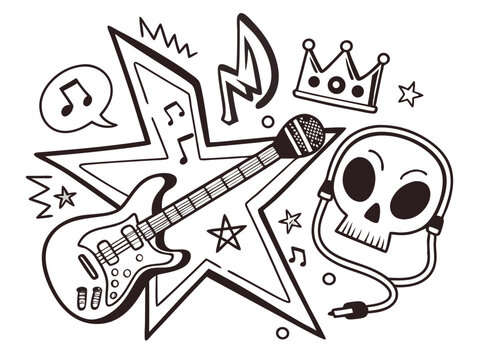 Music sketch heart star vector set. Fun doodle shape with comic crown, skull, fire, heart.doodle, music, fun, design, vector, arrow, brush, bubble, chalk, comic, confetti, crown, cut out, fire,