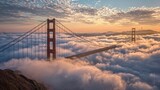 Golden Gate Bridge covered in clouds during sunset in California evening