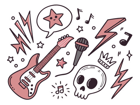 Music sketch heart star vector set. Fun doodle shape with comic crown, skull, fire, heart.doodle, music, fun, design, vector, arrow, brush, bubble, chalk, comic, confetti, crown, cut out, fire,