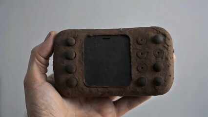 Hand holding a handmade clay device with a screen and multiple buttons