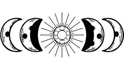 Poster - illustration of sun with rays and crescent moon phases in black and white design format created with