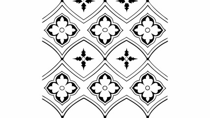 Aufkleber - Floral and cross pattern with curved diamond shapes in black and white simple decorative design art created with generated ai