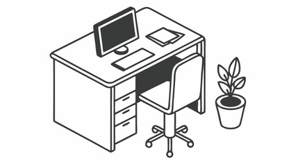 Fototapete - Isometric view of a desk with computer chair and plant in black and white outline illustration created with generated ai