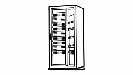 Poster - Illustration of an open server rack cabinet with multiple shelves and equipment slots in black and white created with generated ai