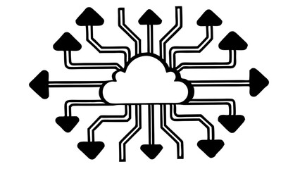 Poster - Cloud computing network diagram with arrows pointing in different directions in black and white style design created with generated ai