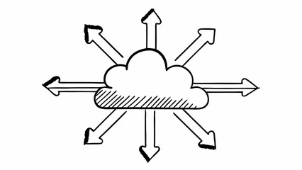 Fototapete - Cloud computing network with arrows pointing in all directions in a hand drawn style illustration created with generated ai