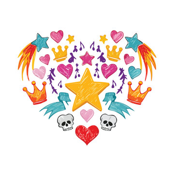 Music sketch heart star vector set. Fun doodle shape with comic crown, skull, fire, heart.doodle, music, fun, design, vector, arrow, brush, bubble, chalk, comic, confetti, crown, cut out, fire,
