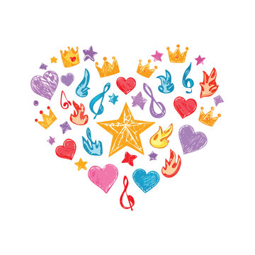 Music sketch heart star vector set. Fun doodle shape with comic crown, skull, fire, heart.doodle, music, fun, design, vector, arrow, brush, bubble, chalk, comic, confetti, crown, cut out, fire,