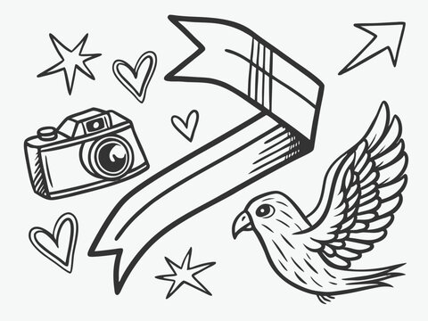  line sketch star, arrow, heart decoration element icon set. Hand drawn sketch doodle cute star, emphasis, flower element. Pen line text decoration shape icon. Hand drawn vector.scribble, cartoon, 