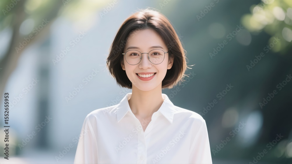 Portrait of a smiling young Asian woman wearing glasses の Stock フォト ...
