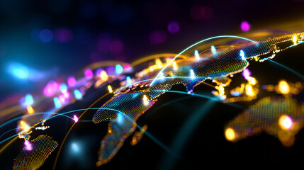 Poster - a vibrant, illuminated world map depicts glowing interconnected points and lines, symbolizing global
