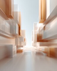 Poster - Futuristic Abstract Cityscape with Cubic Architecture in Warm Tones, Motion Blur Effect, Conceptual Digital Art for Modern Design and Innovation