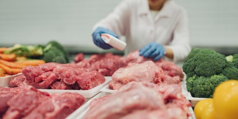 Aufkleber - Food Safety Inspector Measuring Meat and Vegetables Temperature with Digital Thermometer in Professional Kitchen for Compliance and Hygiene