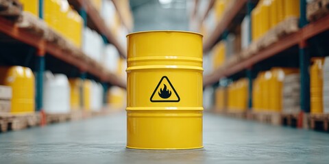 Poster - Industrial Safety Warning Sign on Yellow Flammable Storage Barrel in Modern Organized Warehouse Aisle Highlighting Hazardous Material Management