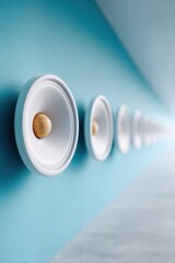 Aufkleber - Closeup of Dolby Atmos speakers embedded in blue theater wall featuring spatial audio and acoustic panels for advanced home theater and premium sound systems