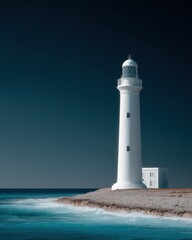 Aufkleber - Minimalist Coastal Lighthouse with Cylindrical Tower and Clear Blue Sky, Symbolizing Navigation Safety and Timeless Maritime Heritage for Tourism Marketing