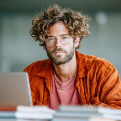 Poster - Focused male student typing on laptop in university library with books, embodying dedication to learning and personal growth through digital scholarship search