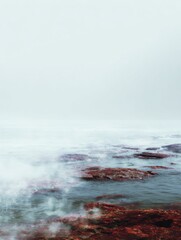 Poster - Ethereal Saltwater Mist Over Calm Sea with Soft Horizon for Nature Wellness Advertising Promoting Relaxation and Smooth Transitions