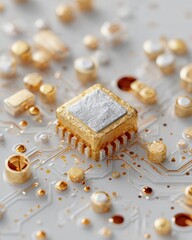 Aufkleber - Quantum Hardware Chip with Gold and Silver Elements in Geometric Quantum Computer Assembly for High-Performance Tech Marketing and Innovation