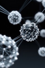 Poster - Quantum Molecular Spheres Connected by Digital Network Links on Dark Minimalist Background for AI Innovation and Tech-Driven Connectivity Concepts