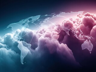 Poster - Digital Global Logistics Concept with Trade Routes and Cloud Network Overlay Highlighting Seamless International Shipping Connectivity and Efficient Cargo Transit