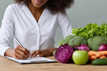Aufkleber - Modern Nutritionist Crafting Personalized Diet Plans with Fresh Vegetables and Fruits for Professional Health Coaching and Wellness Promotion