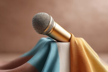 Poster - Modern Metallic Microphone Draped with Vibrant Fabric at Podium Symbolizing Diversity and Inclusion for Progressive Social Campaigns and Unity Marketing