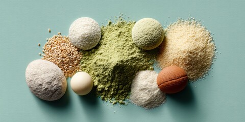 Poster - Premium Functional Food Ingredients Displayed as Powders and Seeds Highlighting Textures for Health Marketing and Innovative Nutrition Branding