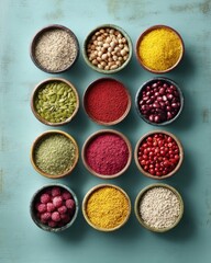 Aufkleber - Premium functional food ingredients in rustic bowls showcasing seeds nuts berries and grains for health focused culinary creativity and commercial food marketing