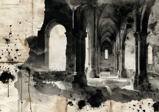 Dramatic Watercolor Rendering of an Ancient Medieval Cathedral Interior Ruins